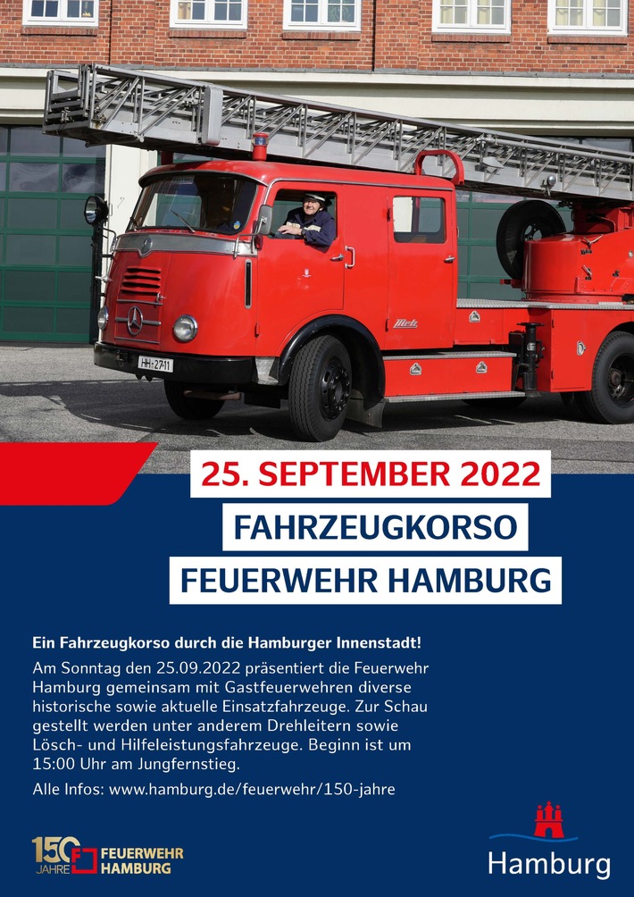 FW-HH: 150 Jahre Feuerwehr Hamburg - Fahrzeugkorso durch die Innenstadt