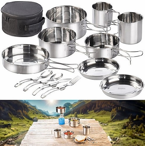 Beim Camping kochen und essen wie zu Hause: Semptec Urban Survival Technology 12-teiliges Edelstahl-Campinggeschirr-Komplettset mit Besteck & Tasche