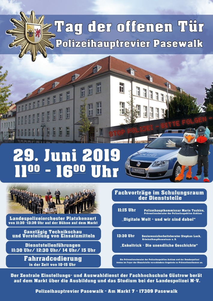 POL-ANK: Tag der offenen Tür im Polizeihauptrevier Pasewalk am 29.06.2019