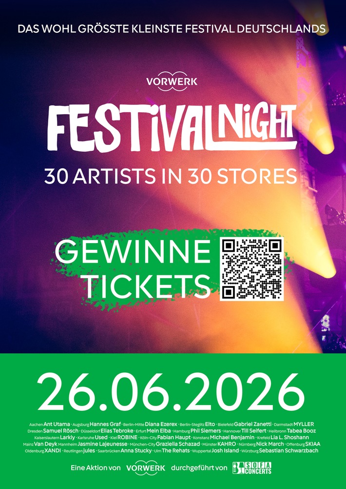 Vorwerk Festival Night: 30 Live-Konzerte, 30 Städte, 30 Artists - ab jetzt exklusive Ticket-Verlosung / Das wohl "größte kleinste Festival" Deutschlands