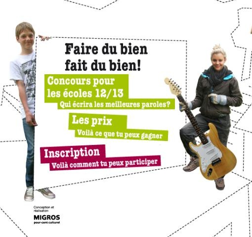 Journée du bénévolat - 5 décembre 2012 : Le concours x-puissance-coeur pour les écoles 2012/2013 du Pour-cent culturel Migros cherche des chansons sur le thème du bénévolat /
«Faire du bien fait du bien!»