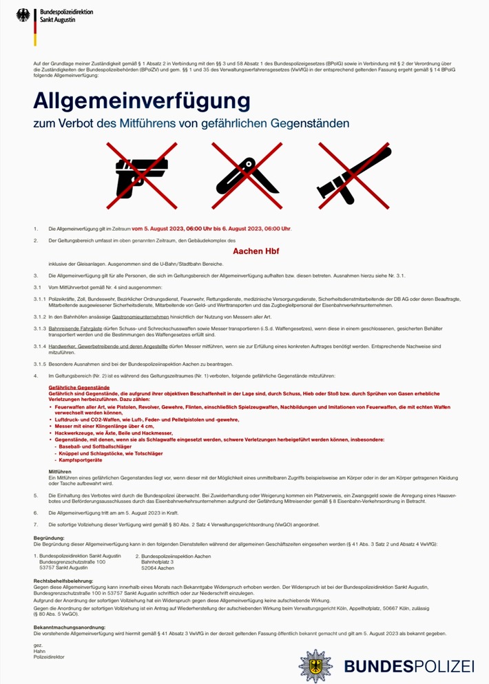 BPOL NRW: Allgemeinverfügung zum Verbot des Mitführens von gefährlichen Gegenständen