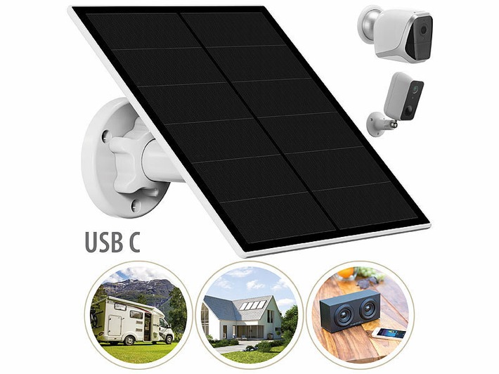 revolt Solarpanel für Akku-IP-Kameras mit USB-C, 5 Watt, 5 V, IP65: Akkubetriebene Überwachungskameras und mehr unabhängig mit Strom versorgen