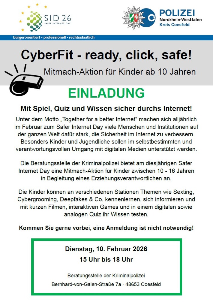 POL-COE: Kreis Coesfeld/Polizei lädt am "Safer Internet Day" zu einer Mitmach-Aktion für Kinder zwischen 10 - 16 Jahren ein
