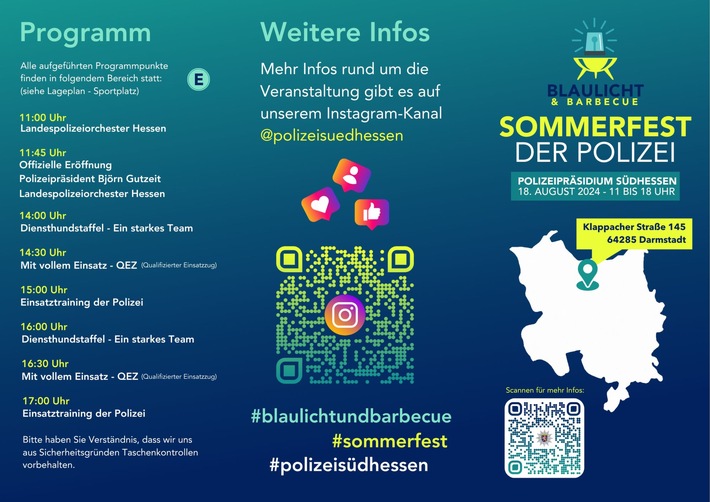 POL-DA: Darmstadt / Südhessen: Sommerfest der Polizei unter dem Motto &quot;Blaulicht und Barbecue&quot; am 18. August