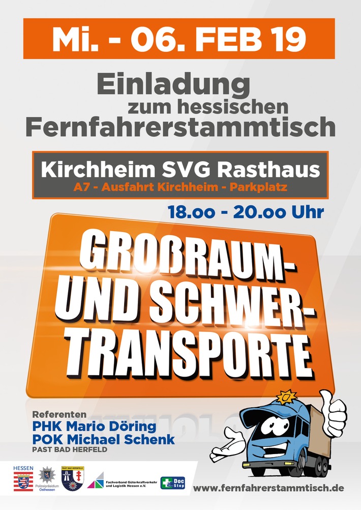 POL-OH: Fernfahrerstammtisch am Mittwoch, 06. Februar 2019, 
in Kirchheim zum Thema Großraum- und Schwertransporte
