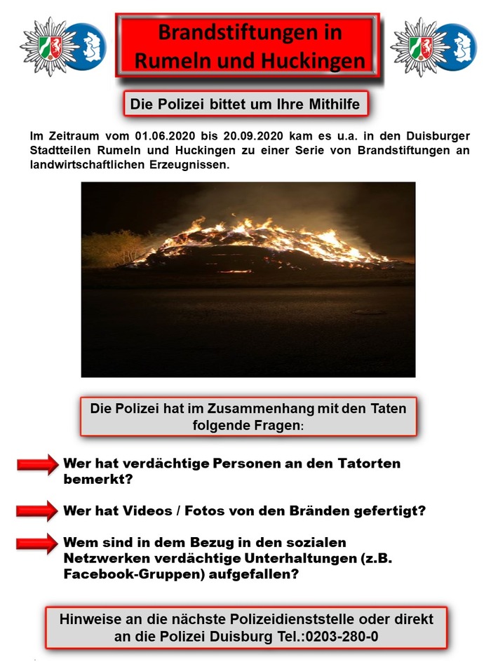 POL-DU: Stadtgebiet: Polizei Duisburg weitet Zeugensuche nach Brandstiftungen aus