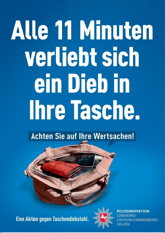 POL-LG: ++ "Alle 11 Minuten verliebt sich ein Dieb in Ihre Tasche" ++ Polizei warnt vor Taschendiebstählen unterwegs und beim Einkauf ++ Plakatkampagne ++ Infos & Präsenz am 08.11.25 beim LGer Wochenmarkt