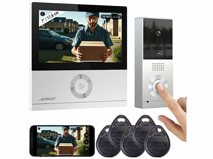Gute Sicht auf Besucher - auch von unterwegs: Somikon WLAN-Full-HD-Video-Gegensprechanlage VSA-800.app mit 17,8-cm-Touchscreen (7"), App