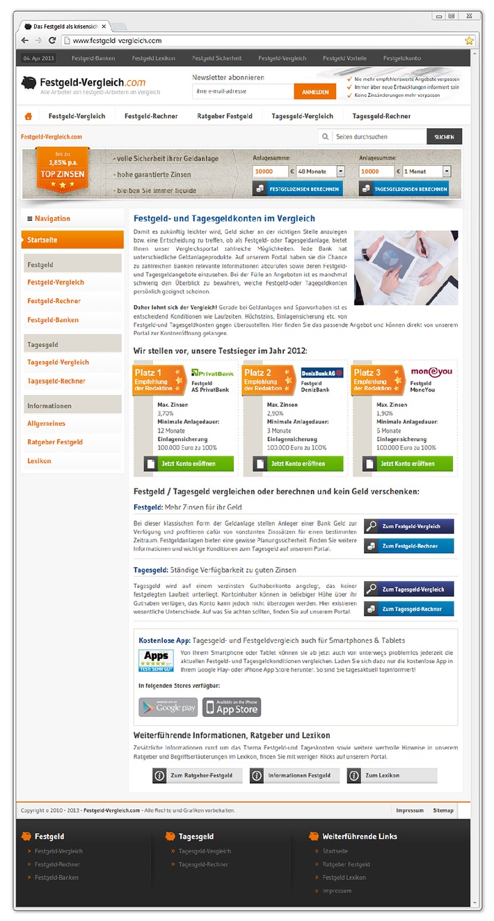 Franke-Media.net startet seine optisch und inhaltlich verbesserte Website www.festgeld-vergleich.com / Sparern ermöglicht das einen umfassenden Überblick zu Optionen von Festgeld-Anlagen (BILD)