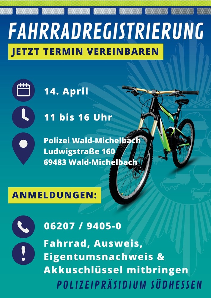 POL-DA: Wald-Michelbach: Polizei lädt Interessierte zur Fahrradregistrierung ein/Voranmeldung nötig