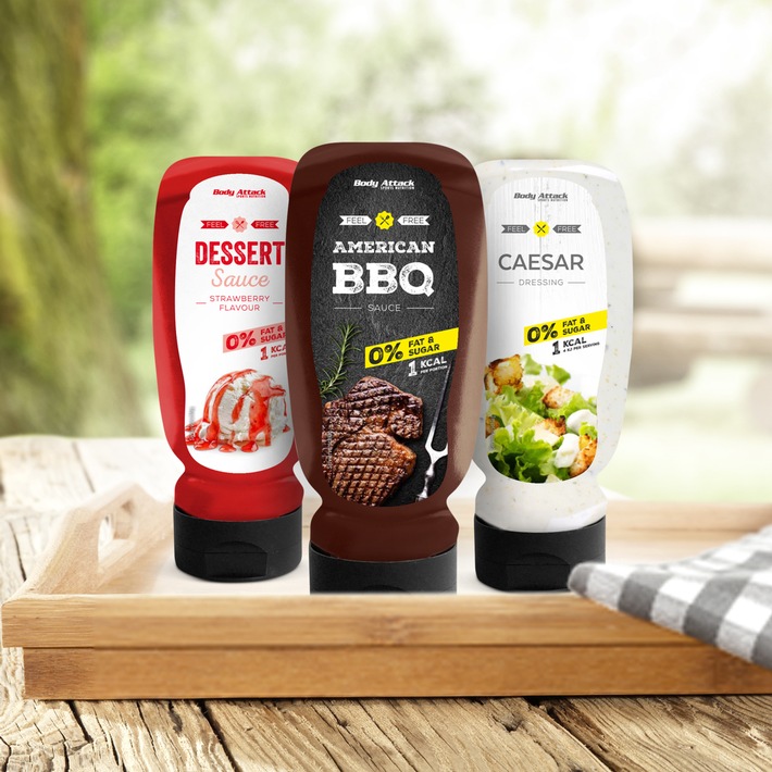 Vegane Saucen und Dressings ohne Kalorien / Body Attack Sports Nutrition bringt zum 1. Juli Grill Saucen, Dressings und Dessert Saucen auf den Markt