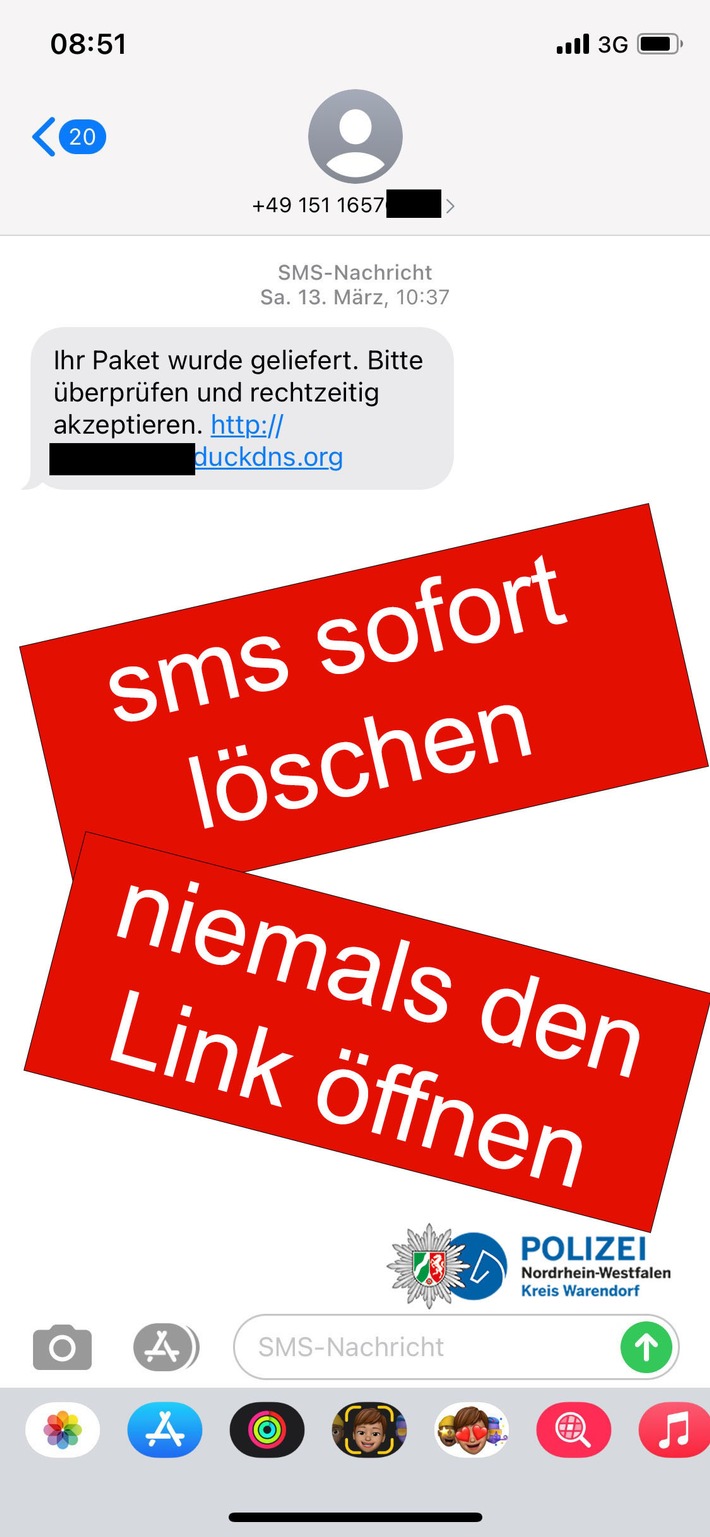 POL-WAF: Kreis Warendorf. Fake-SMS zu Paketzustellung nicht öffnen.(Neues Bild)