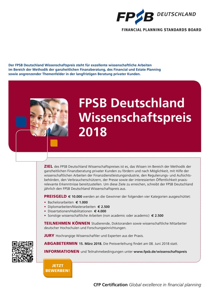 Wissenschaftler nehmen ganzheitliche Finanzplanung unter die Lupe: Von der Theorie für die Praxis: FPSB Deutschland lobt hoch dotierten Wissenschaftspreis auch 2018 aus