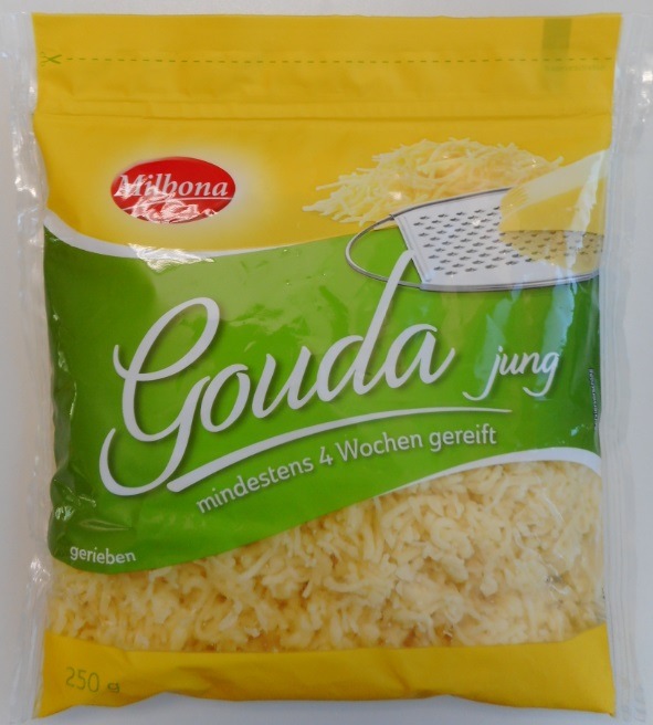 Der niederländische Hersteller A-ware Packaging B.V. informiert über einen Warenrückruf des Produktes "Milbona Gouda jung gerieben, mindestens 4 Wochen gereift, 250g".