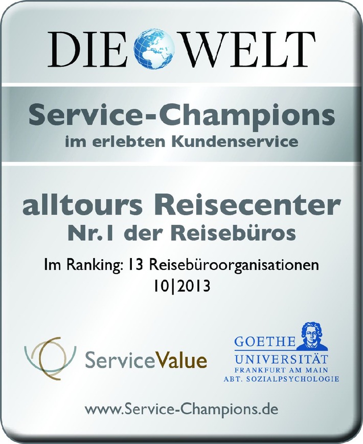 alltours Reisecenter bieten erneut den besten Kundenservice in Deutschland / Service-Champions-Studie bestätigt Platz Eins aus dem Vorjahr (BILD)