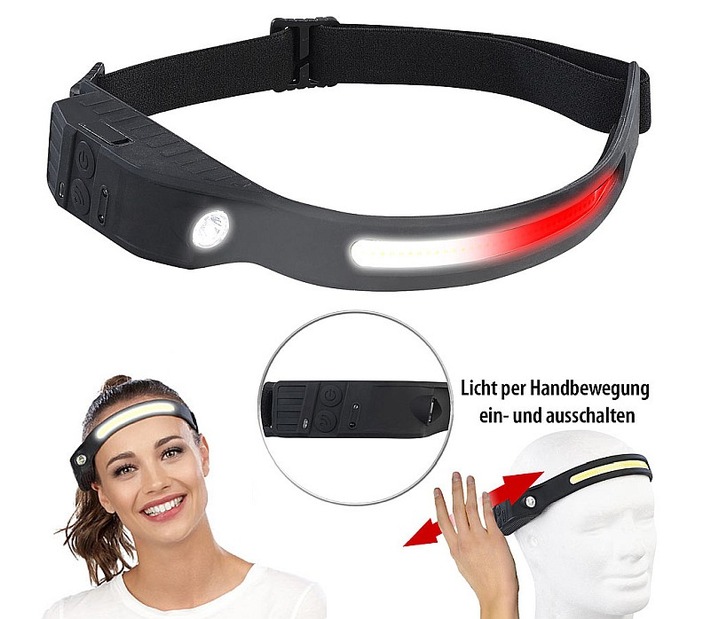 KryoLights Akku-Stirnlampe, 230°-Flutlicht, COB- & SMD-LED, Warnlicht, 350 Lumen: Weitwinkel-Flutlicht und Spot-Licht für Freizeit und Handwerk