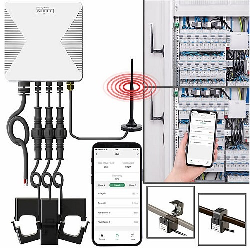 Stromeinspeisung und Stromverbrauch per App im Blick behalten: Luminea Home Control Smarter 3-Phasen-WLAN-Stromzähler &amp; Echtzeit-Energiemonitor, 120A, App