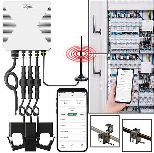 Stromeinspeisung und Stromverbrauch per App im Blick behalten: Luminea Home Control Smarter 3-Phasen-WLAN-Stromzähler & Echtzeit-Energiemonitor, 120A, App