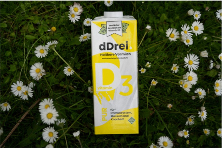 Durchbruch: Neuartige dDrei-Milch enthält als erste Milch auf natürliche Weise hohe Mengen an Vitamin D / Patentgeschützte Methode / Bis zu 20-mal mehr Sonnenvitamin in dDrei-Milch