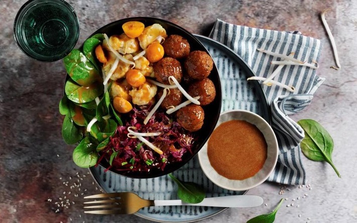 Veganer Genuss: Buddha Bowl mit Falafeln und Rotkohl / Weiterer Text über ots und www.presseportal.de/nr/21386 / Die Verwendung dieses Bildes für redaktionelle Zwecke ist unter Beachtung aller mitgeteilten Nutzungsbedingungen zulässig und dann auch honorarfrei. Veröffentlichung ausschließlich mit Bildrechte-Hinweis.