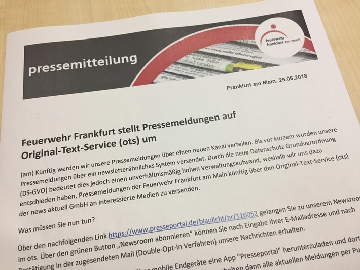 FW-F: Feuerwehr Frankfurt am Main stellt Pressemeldungen auf Original-Text-Service (ots) um