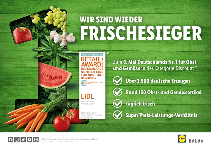 Nummer 1 bei Obst und Gemüse: Kunden wählen Lidl erneut zum Frischesieger / Zum sechsten Mal erhält Lidl den "Fruchthandel Magazin Retail Award" in der Kategorie "Discount"