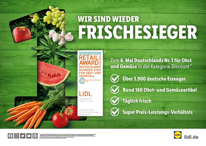 Nummer 1 bei Obst und Gemüse: Kunden wählen Lidl erneut zum Frischesieger / Zum sechsten Mal erhält Lidl den "Fruchthandel Magazin Retail Award" in der Kategorie "Discount"