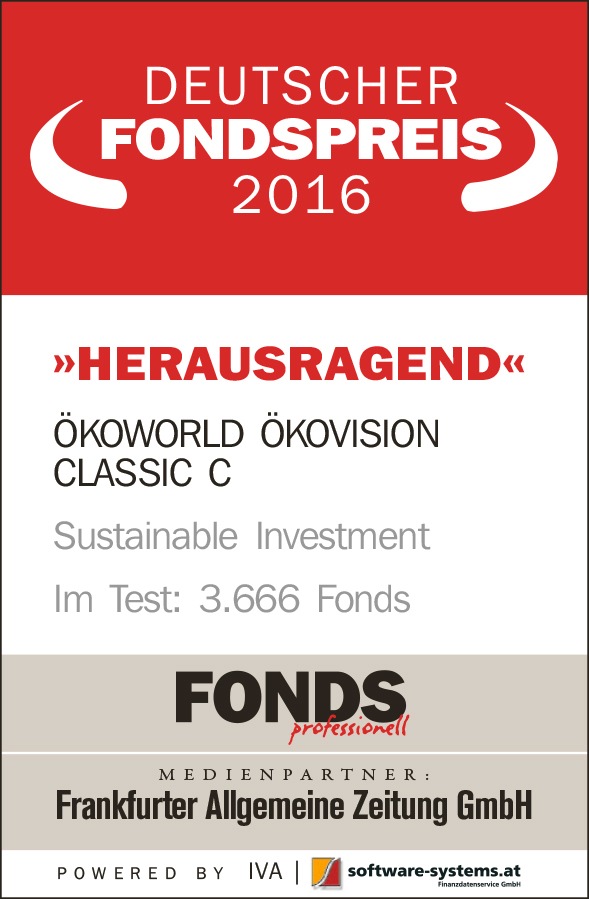 Herausragend: DEUTSCHER FONDSPREIS 2016 für ÖKOVISION CLASSIC / FONDS professionell, FAZ und Institut für Vermögensaufbau vergeben die begehrte Auszeichnung an den "Gewinner der Zukunft"