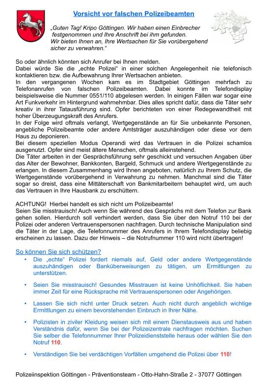 POL-GÖ: (423/2017) Falsche Polizeibeamte in Hann. Münden aktiv - Vier Anrufe am Montag im Laufe des Tages, Polizei rät zu besonderer Vorsicht!