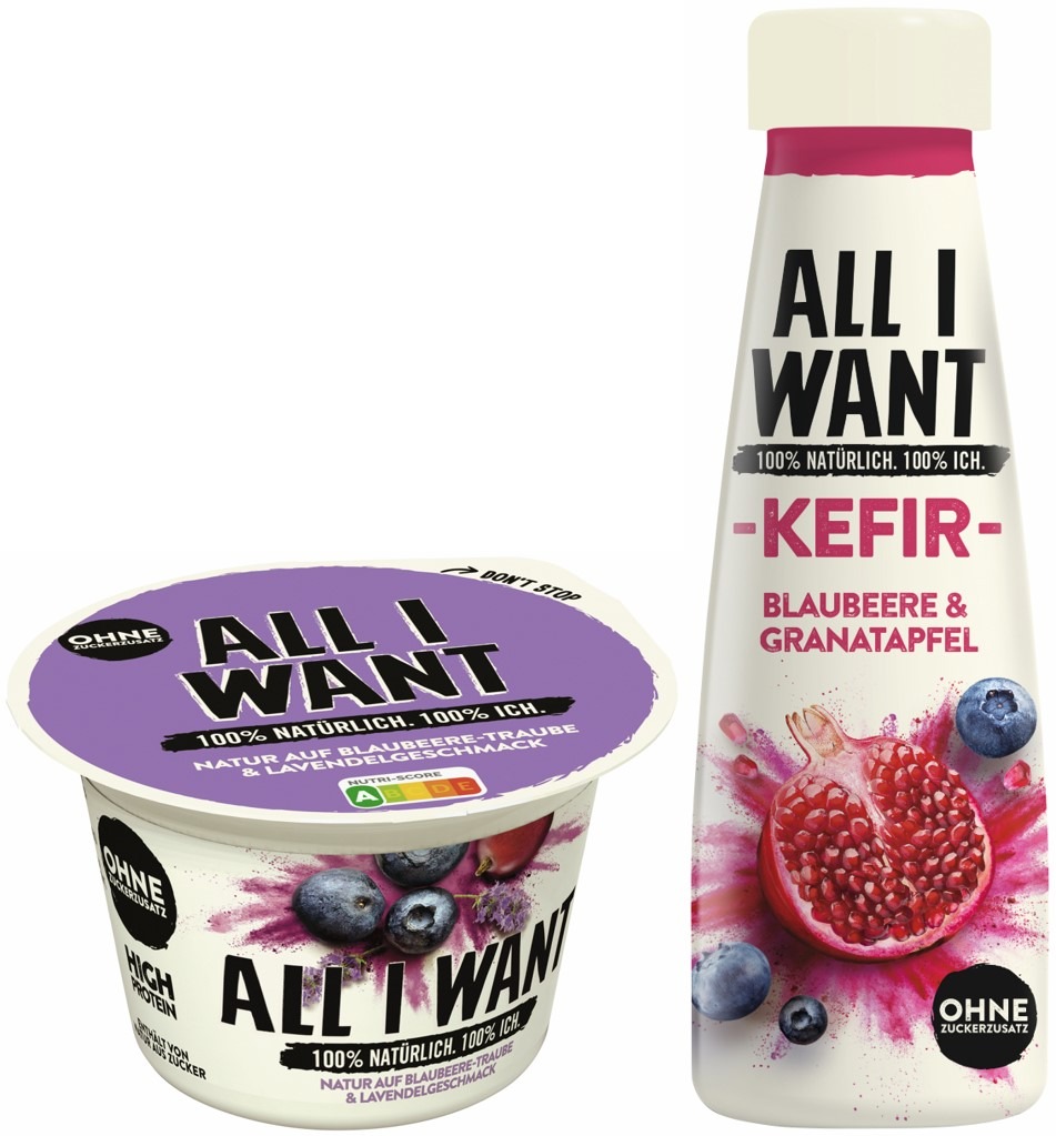 Danone lanciert mit ALL I WANT eine neue Marke ohne Zuckerzusatz in ungewöhnlichen Geschmacksrichtungen / Alle ALL I WANT Produkte tragen ein grünes Nutri-Score &quot;A&quot;. (FOTO)