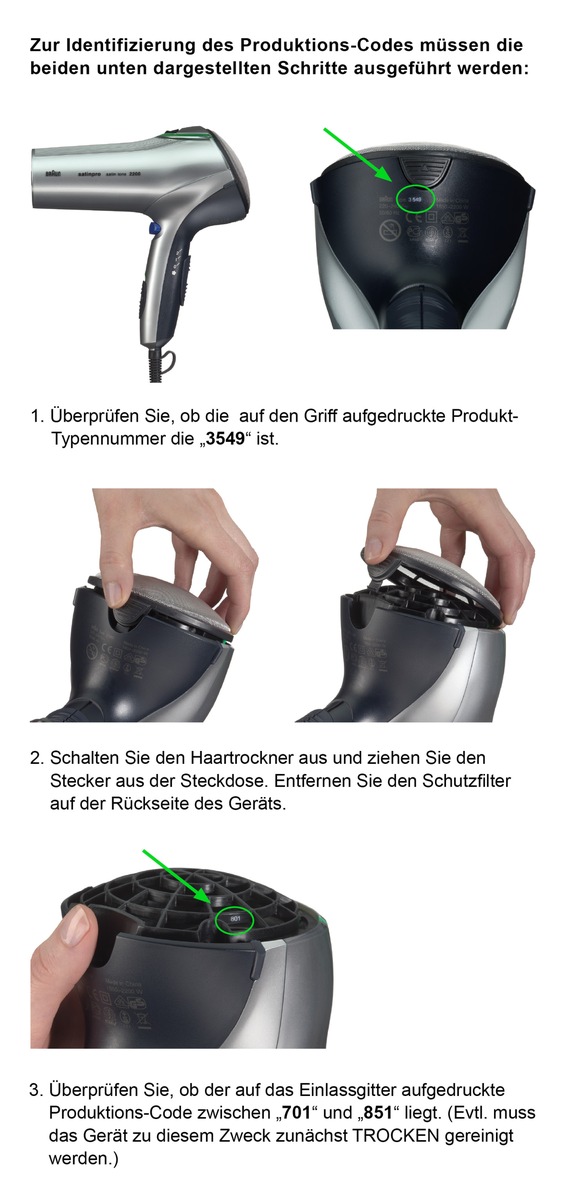 Wichtiger Produktrückruf für Braun Satin Pro Haartrockner und Braun Satin Hair Colour Haartrockner