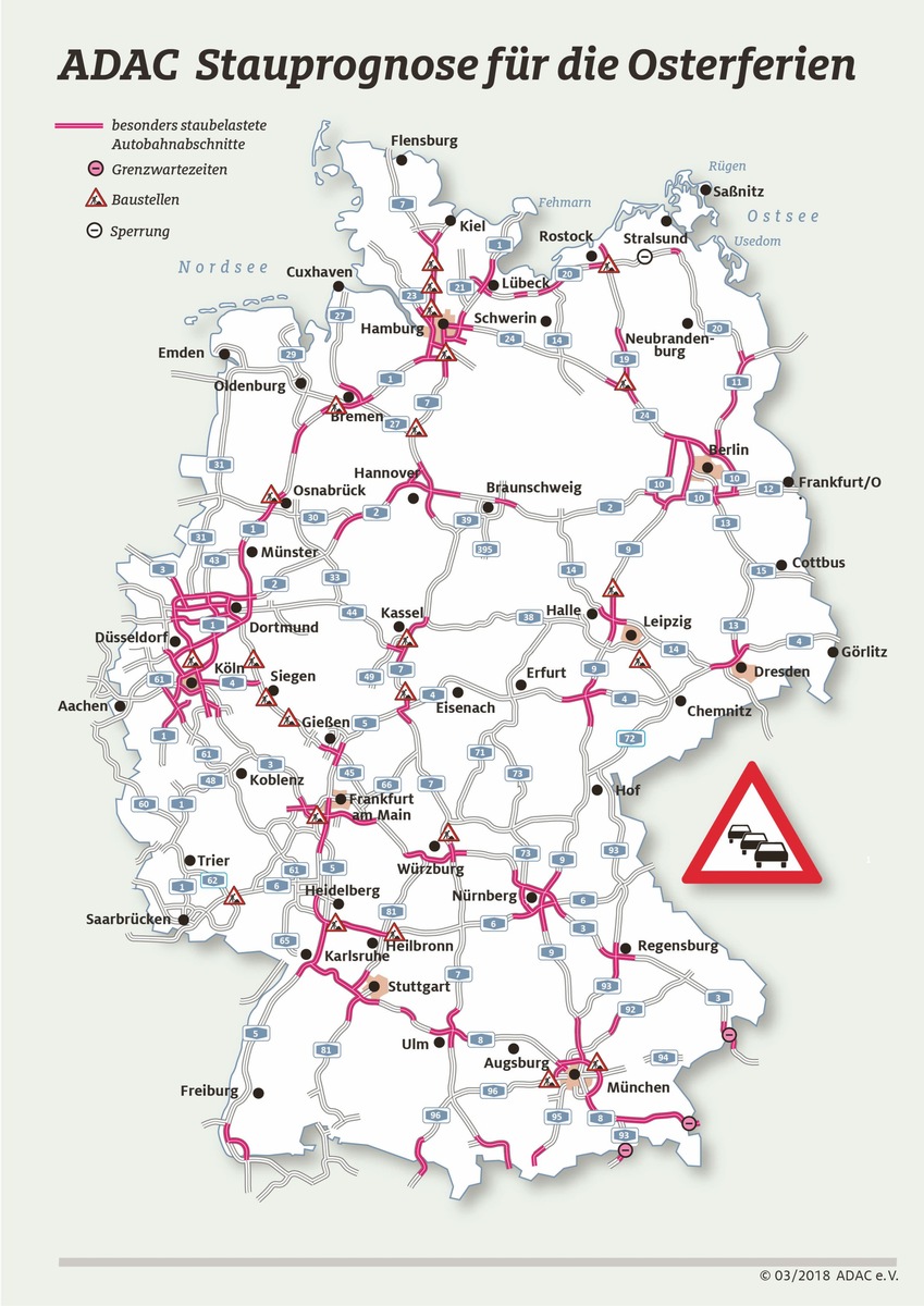 Viel Stillstand vor dem Fest / ADAC Stauprognose für 29. März bis 2. April