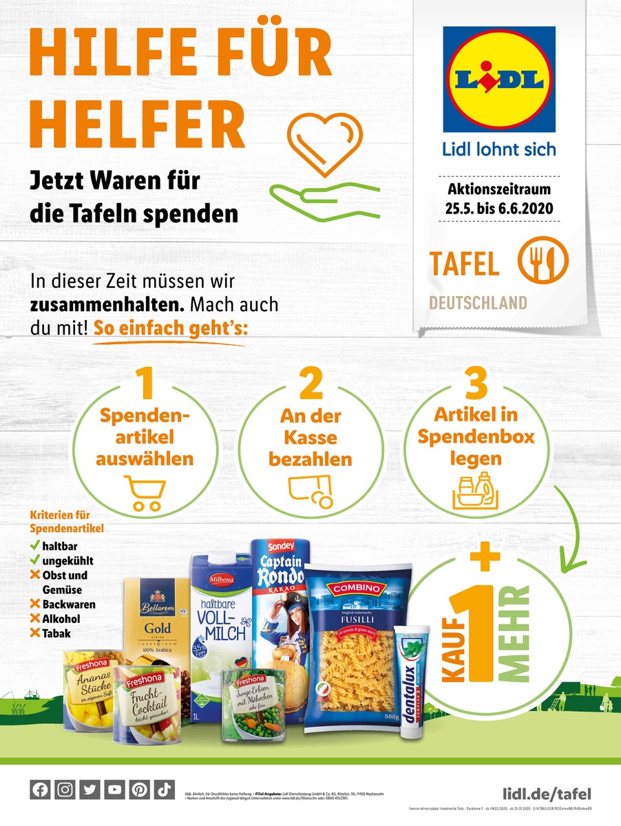 Hilfe für Helfer - Lidl startet &quot;Kauf-1-mehr&quot;-Aktion für die Tafeln