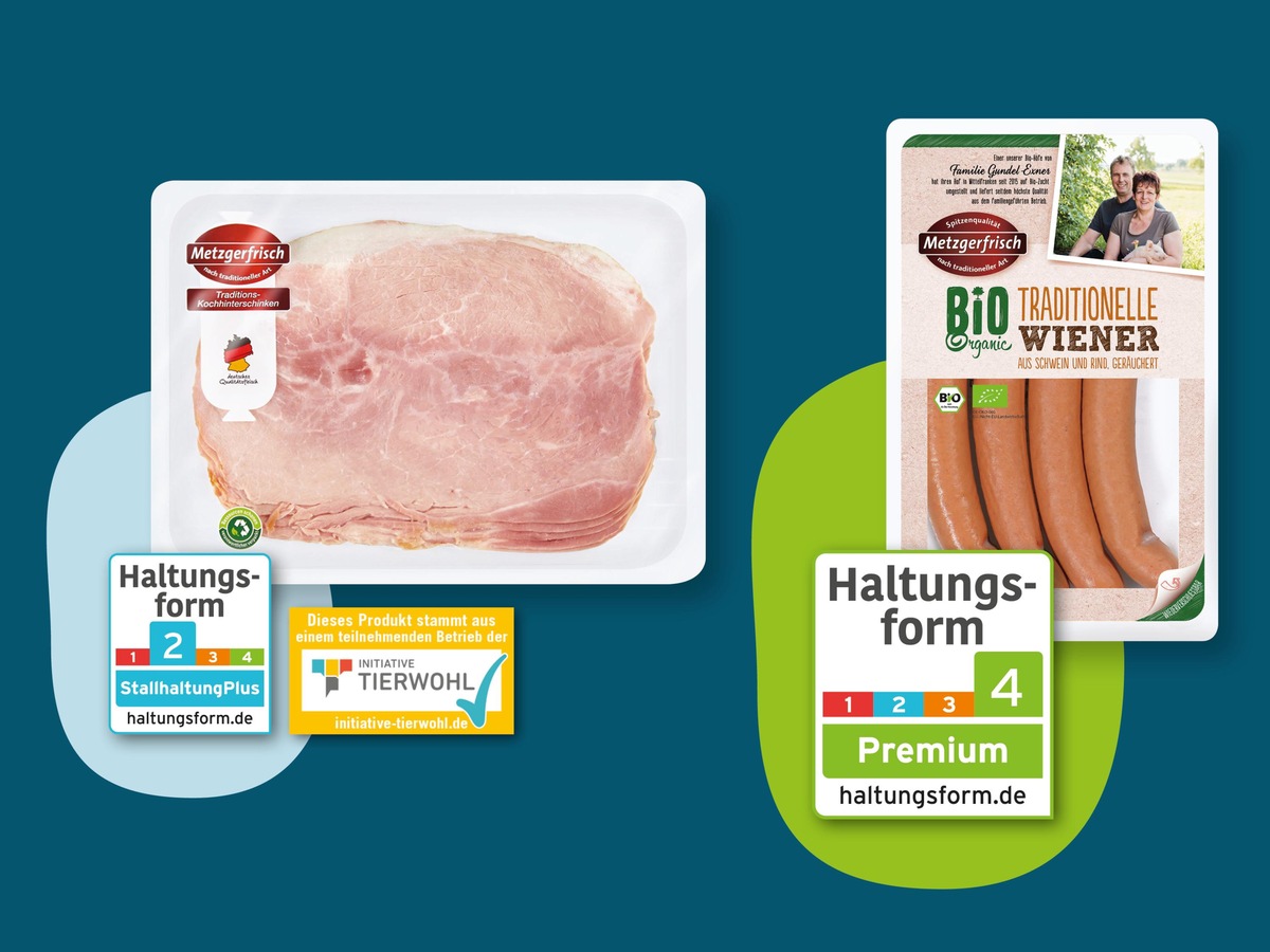 Lidl kennzeichnet Wurstwaren mit der Haltungsform / Transparente Haltungskennzeichnung und höhere Tierwohlstandards im Wurstsortiment der Lidl-Eigenmarke &quot;Metzgerfrisch&quot;