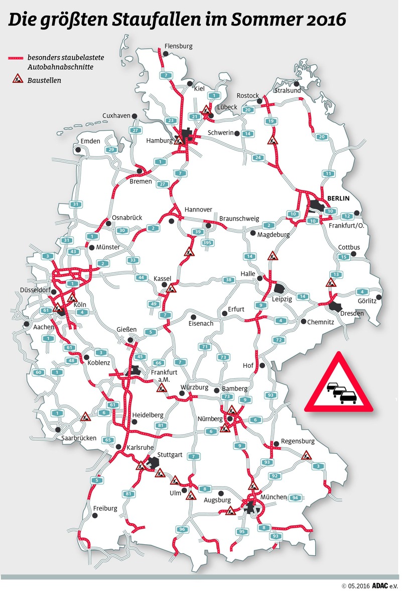 Am langen Wochenende drohen zahlreiche Staus / ADAC-Stauprognose für das Wochenende 25. bis 29. Mai