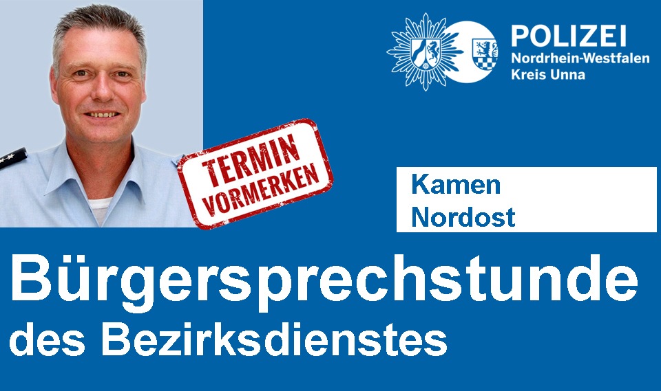 POL-UN: Kamen - Bürgersprechstunde des Bezirksdienstes der Polizei
- Bezirksbeamter Frank Ellerkmann bietet am 04.12.2018 Informationen und Hilfe an