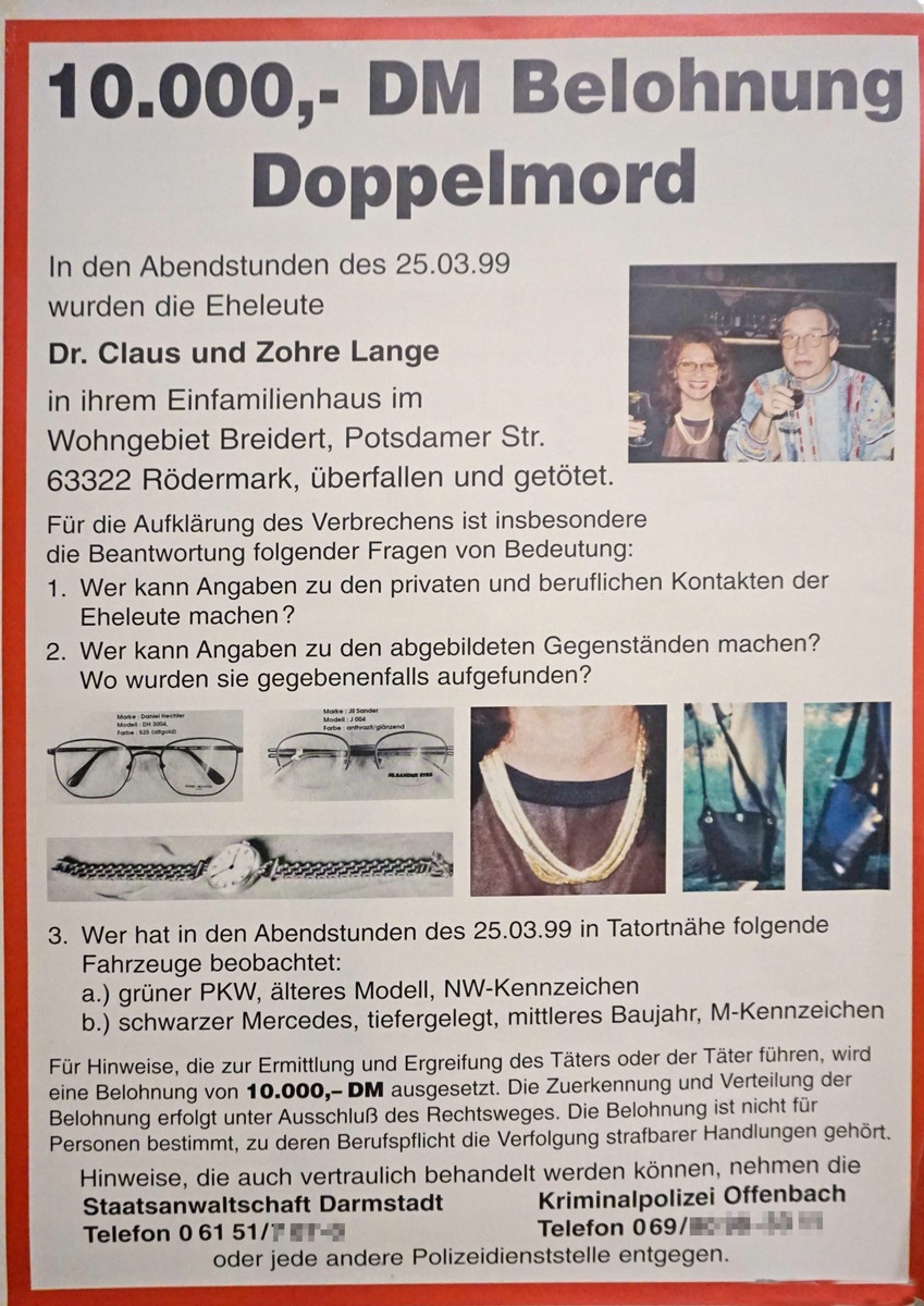 POL-OF: Aktenzeichen XY-Spezial: Cold Cases - Doppelmord vor 21 Jahren in Rödermark; Fußgänger erlitt Wunde im Gesicht - Kripo sucht Beteiligte und Zeugen ; Wer hat die beiden Lieferwagen gesehen? und mehr