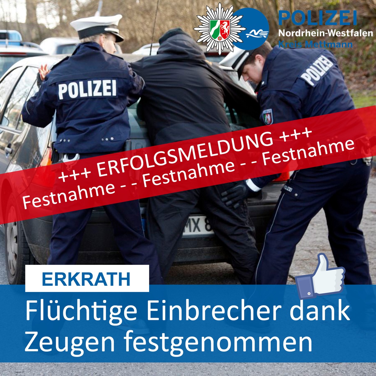 POL-ME: Einbrecher dank aufmerksamem Zeugen auf der Flucht festgenommen - Erkrath - 2002121