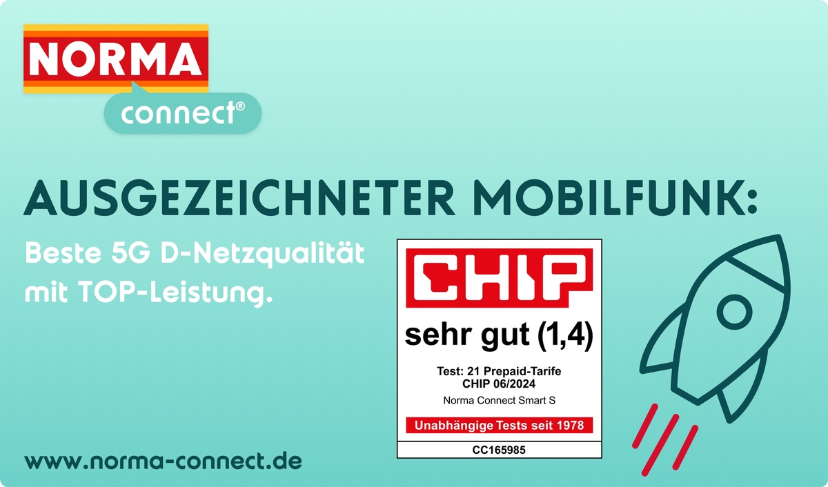 Testmagazin CHIP zeichnet NORMA Connect Tarif &quot;Smart S&quot; mit &quot;sehr gut&quot; aus / &quot;Mehr fürs Geld&quot; gibt&#039;s auch auf dem Smartphone