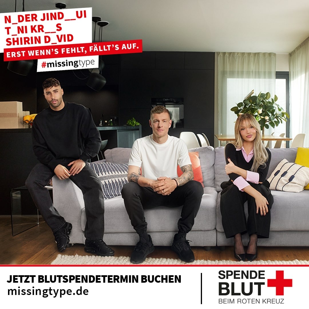 Prominente Unterstützung von Toni Kroos, Shirin David und Nader Jindaoui für die DRK-Blutspende – Große Sommer-Kampagne zum Weltblutspendetag: #missingtype – Erst wenn’s fehlt, fällt’s auf.