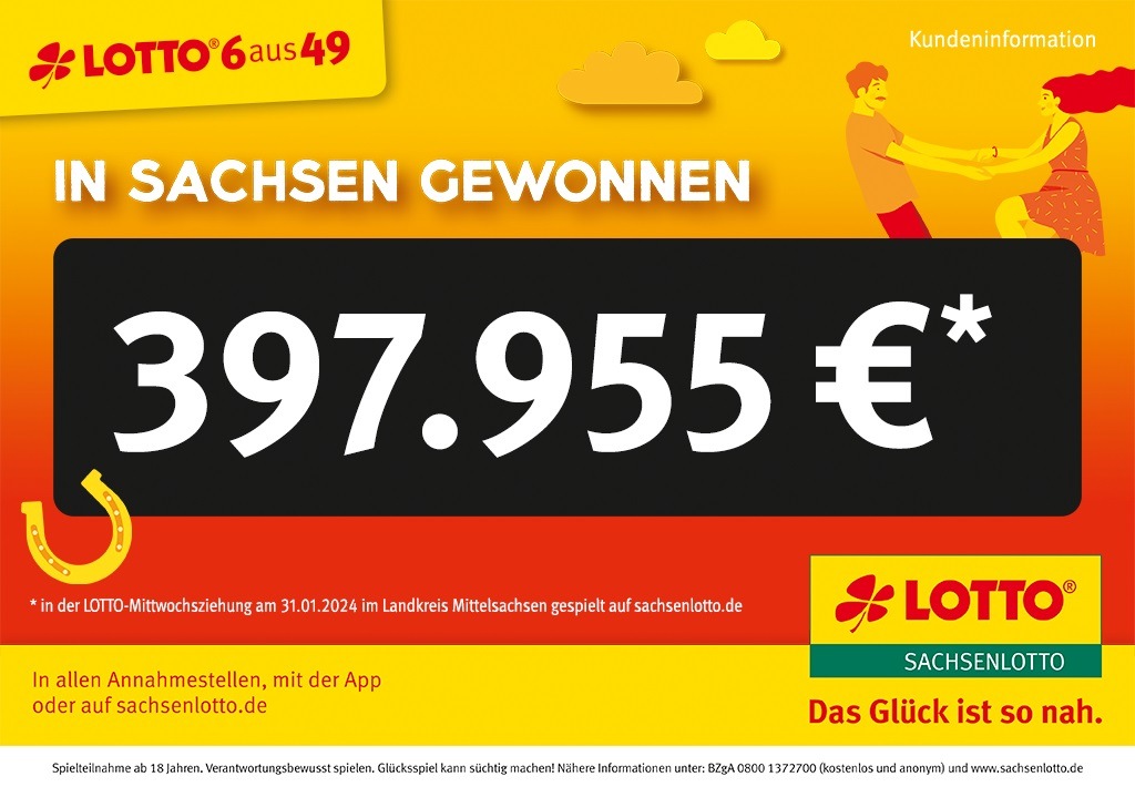 Mittelsachse war mit einem Tipp auf sachsenlotto.de erfolgreich, 397.955 Euro gewonnen