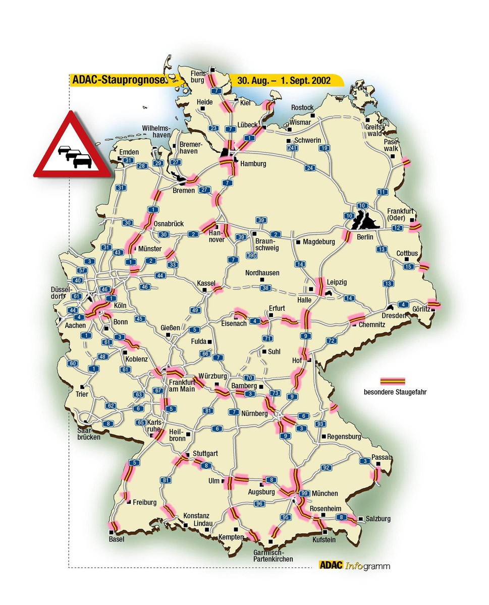 Stauprognose für das Wochenende 30. 8. bis 1.9. / Rückreisewelle ebbt nicht ab / In Nordrhein-Westfalen enden die Ferien