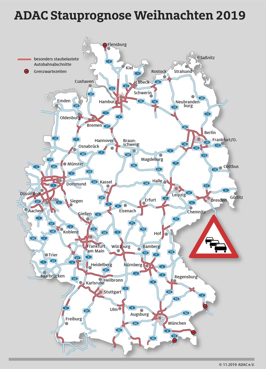 Winterstausaison eröffnet / Staureiche Tage vor Weihnachten und an Neujahr / ADAC Stauprognose für 20. Dezember bis 1. Januar