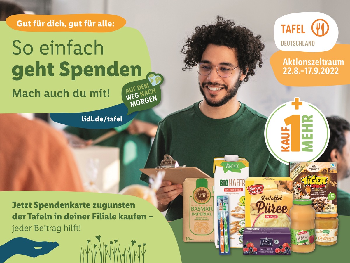 An die Tafeln spenden und gemeinsam Gutes tun: Lidl startet 4. bundesweite &quot;Kauf-1-mehr&quot;-Aktion / Ganz einfach Spendenkarten erwerben und die Tafeln unterstützen