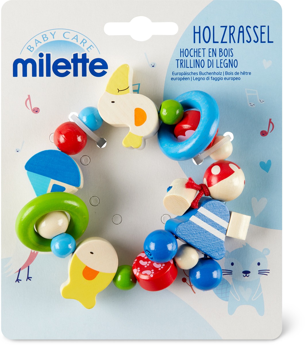 Rappel: Milette hochet en bois composé de l&#039;ensemble de figurines: &quot;pirate, pélican, bateau et poisson&quot;