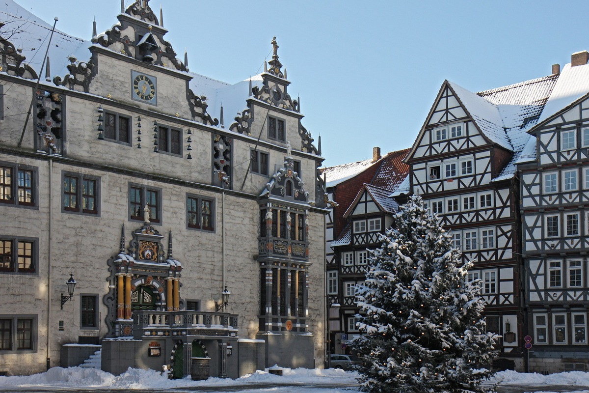 Spendenaufruf für einen Weihnachtsbaum vor dem Rathaus in Hann. Münden