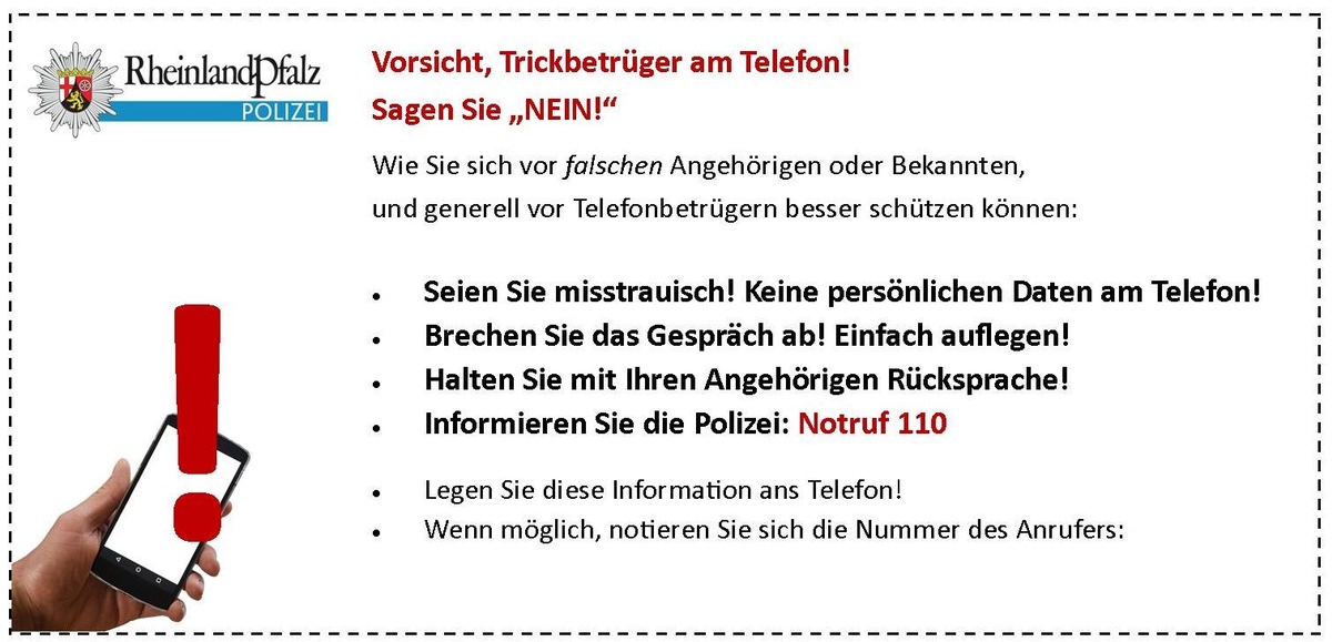 POL-PPWP: Vorsicht - Anrufe von falschen Polizeibeamten!