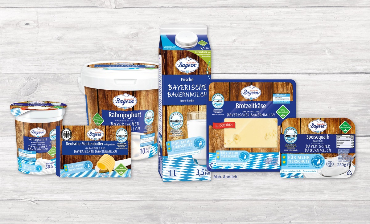 Komplettes Molkereisortiment von &quot;Ein gutes Stück Bayern&quot; mit Premiumstufe des Tierschutzlabels gekennzeichnet / Lidl hat als erster Händler alle Milchprodukte einer Eigenmarke zertifiziert (FOTO)