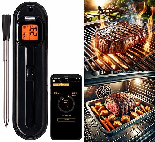 Fleisch und Fisch perfekt zubereiten: Rosenstein &amp; Söhne Kabelloses smartes Fleisch-, Braten- &amp; Grill-Thermometer, BT 5, App